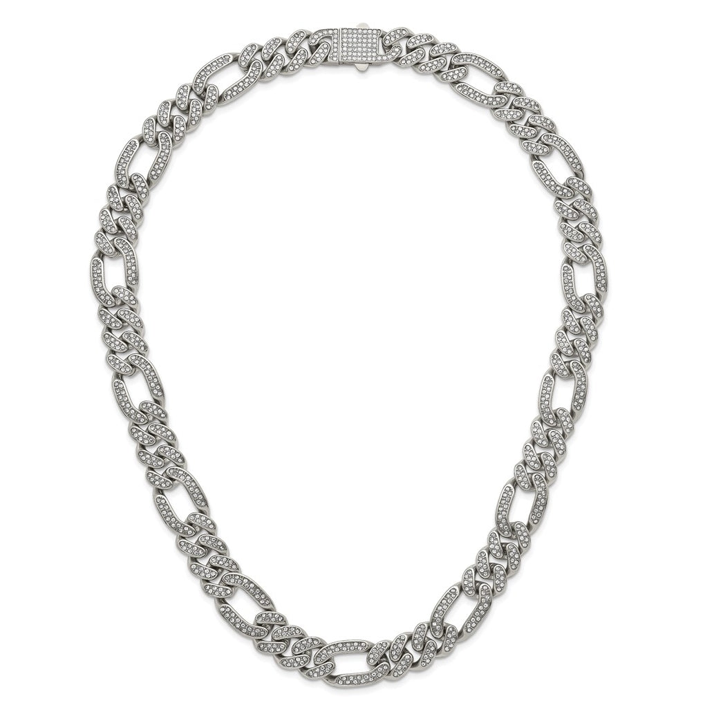 Stainless Steel Polished 16mm Full Crystal Figaro Link 23.5in Necklace – Elegant Jewelry Gift for Birthday, Anniversary, Engagement, Wedding