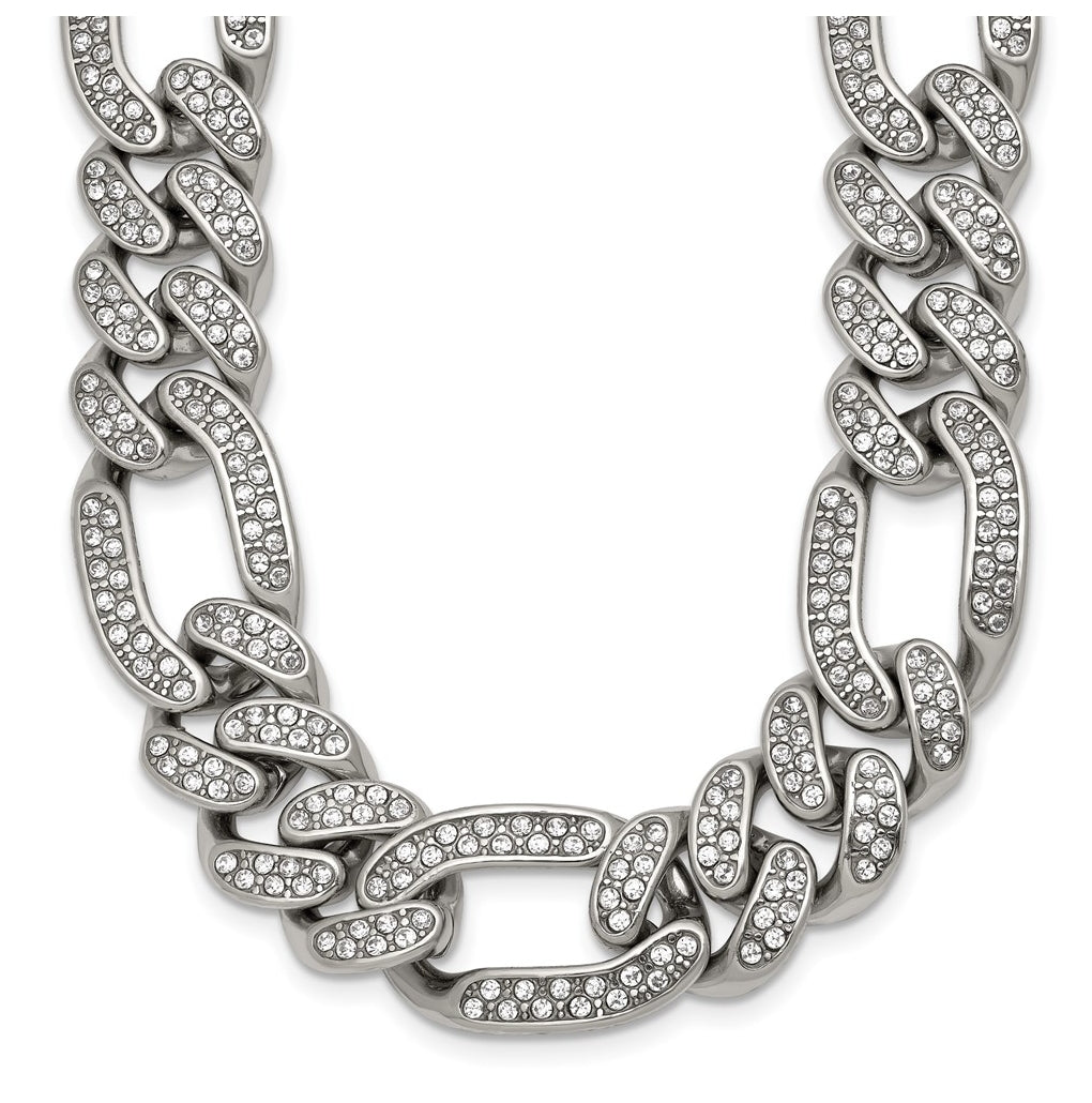 Stainless Steel Polished 16mm Full Crystal Figaro Link 23.5in Necklace – Elegant Jewelry Gift for Birthday, Anniversary, Engagement, Wedding