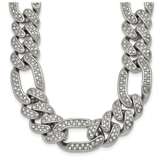 Stainless Steel Polished 16mm Full Crystal Figaro Link 23.5in Necklace – Elegant Jewelry Gift for Birthday, Anniversary, Engagement, Wedding