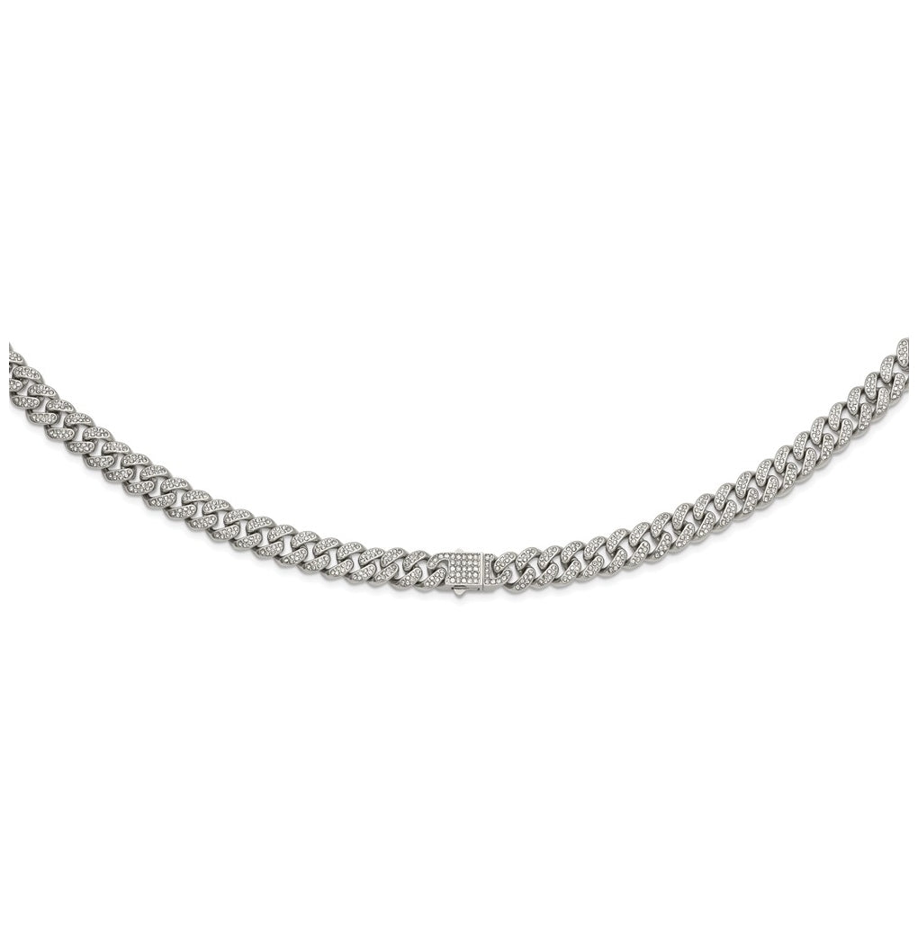 Stainless Steel Polished 11.5mm Full Crystal Curb Link 24.25in Necklace – Elegant Jewelry Gift for Birthday, Anniversary, Engagement, Wedding