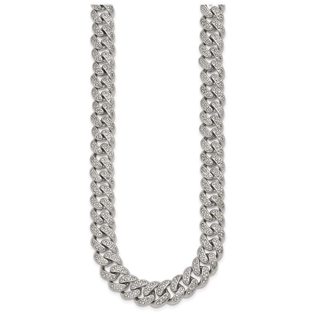 Stainless Steel Polished 11.5mm Full Crystal Curb Link 24.25in Necklace – Elegant Jewelry Gift for Birthday, Anniversary, Engagement, Wedding