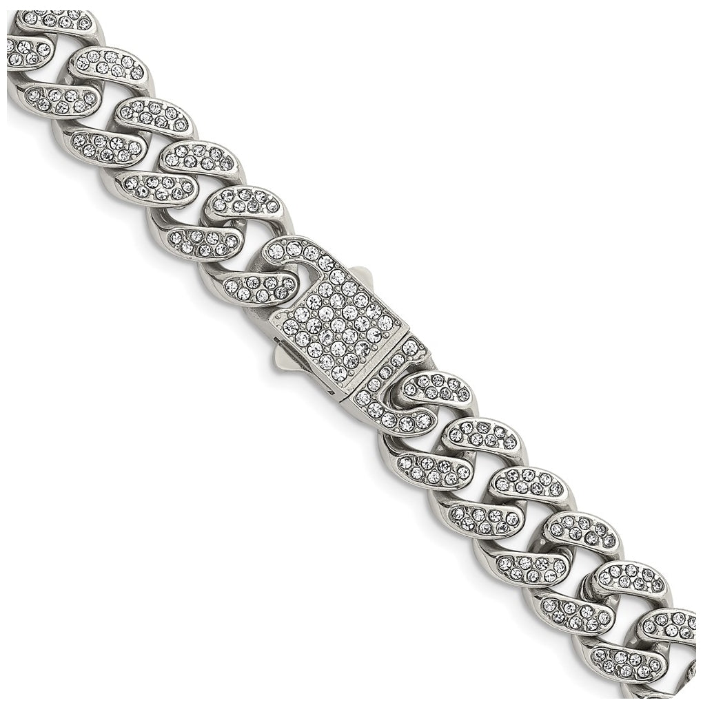 Stainless Steel Polished 11.5mm Full Crystal Curb Link 24.25in Necklace – Elegant Jewelry Gift for Birthday, Anniversary, Engagement, Wedding