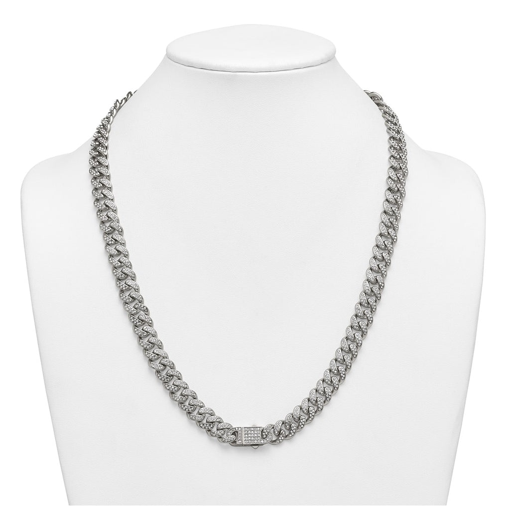 Stainless Steel Polished 11.5mm Full Crystal Curb Link 24.25in Necklace – Elegant Jewelry Gift for Birthday, Anniversary, Engagement, Wedding