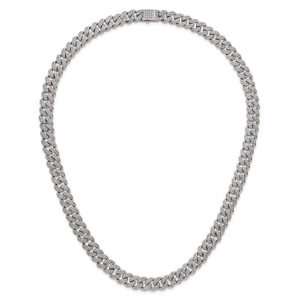 Stainless Steel Polished 11.5mm Full Crystal Curb Link 24.25in Necklace – Elegant Jewelry Gift for Birthday, Anniversary, Engagement, Wedding