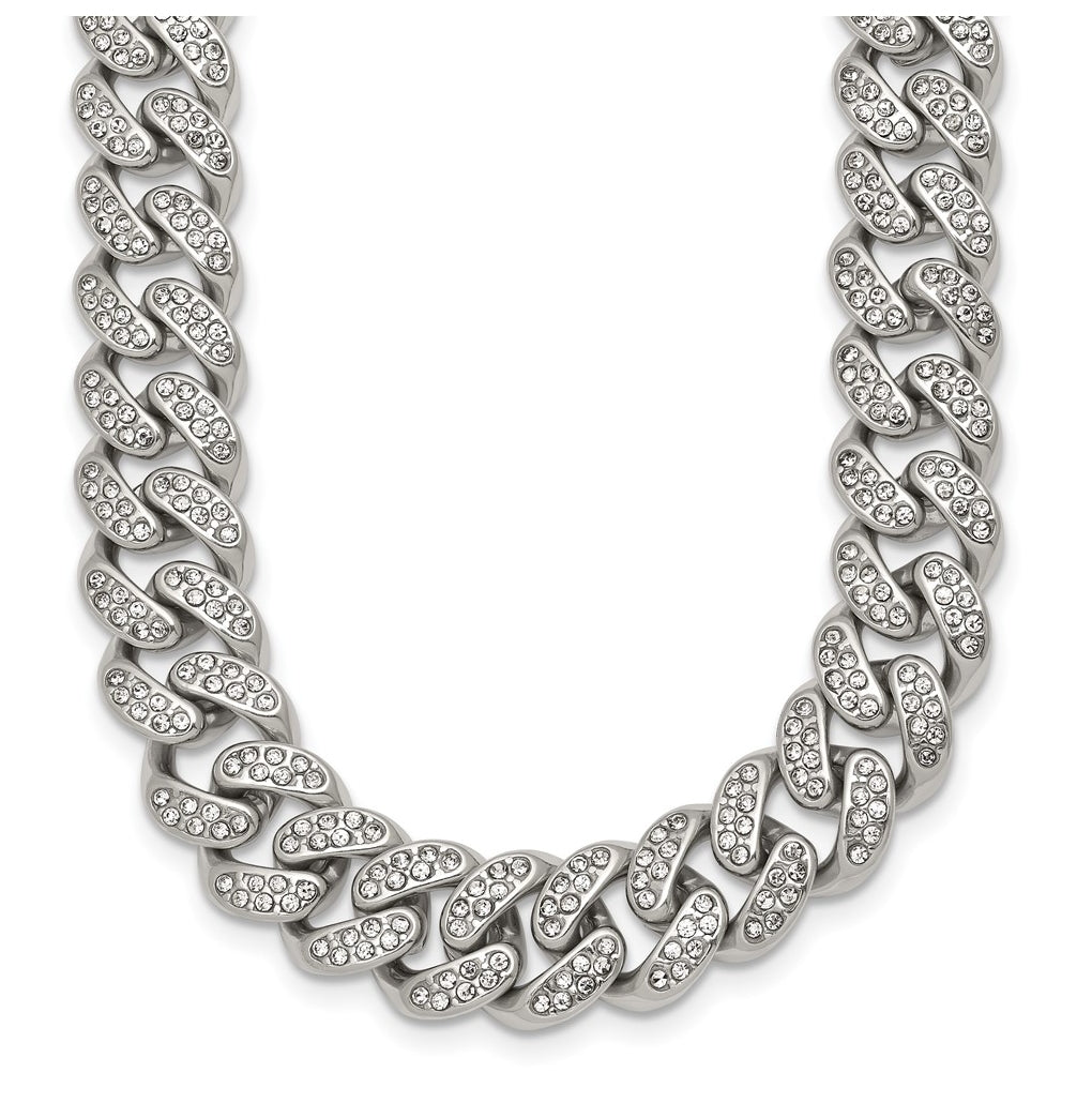 Stainless Steel Polished 11.5mm Full Crystal Curb Link 24.25in Necklace – Elegant Jewelry Gift for Birthday, Anniversary, Engagement, Wedding