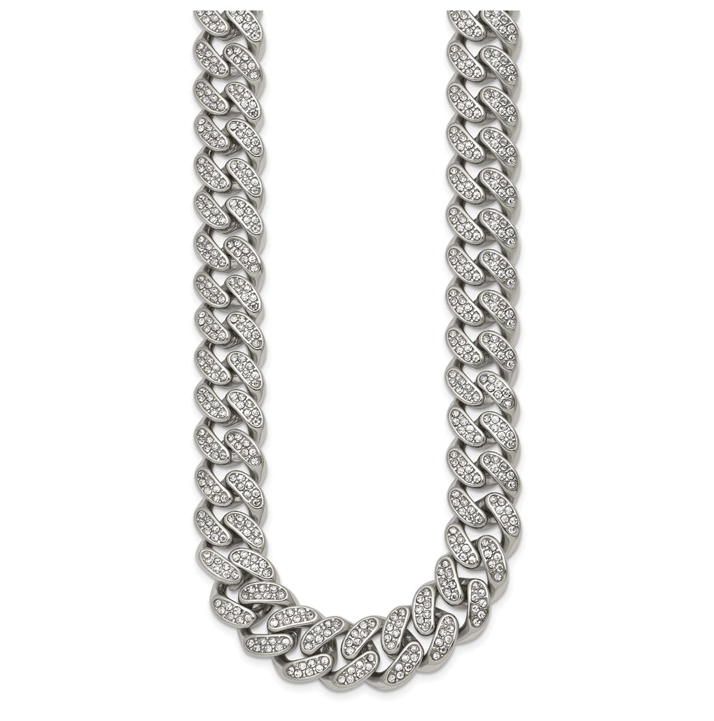 Stainless Steel Polished 14.5mm Full Crystal Curb Link 23.5in Necklace – Elegant Jewelry Gift for Birthday, Anniversary, Engagement, Wedding