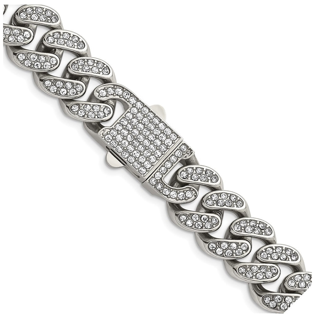 Stainless Steel Polished 14.5mm Full Crystal Curb Link 23.5in Necklace – Elegant Jewelry Gift for Birthday, Anniversary, Engagement, Wedding