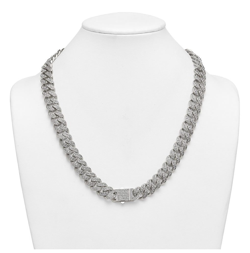 Stainless Steel Polished 14.5mm Full Crystal Curb Link 23.5in Necklace – Elegant Jewelry Gift for Birthday, Anniversary, Engagement, Wedding