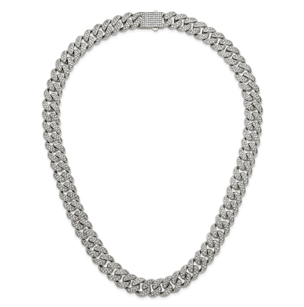 Stainless Steel Polished 14.5mm Full Crystal Curb Link 23.5in Necklace – Elegant Jewelry Gift for Birthday, Anniversary, Engagement, Wedding