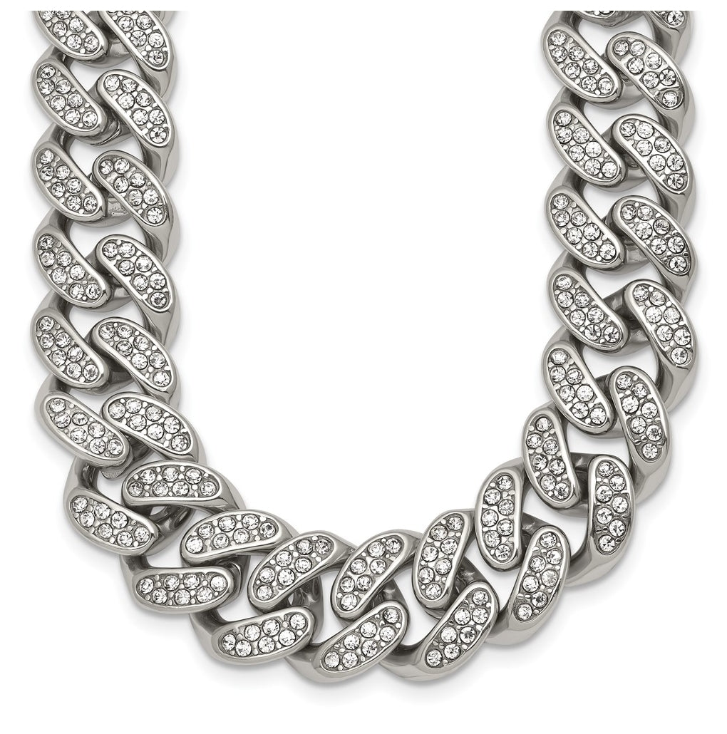 Stainless Steel Polished 14.5mm Full Crystal Curb Link 23.5in Necklace – Elegant Jewelry Gift for Birthday, Anniversary, Engagement, Wedding