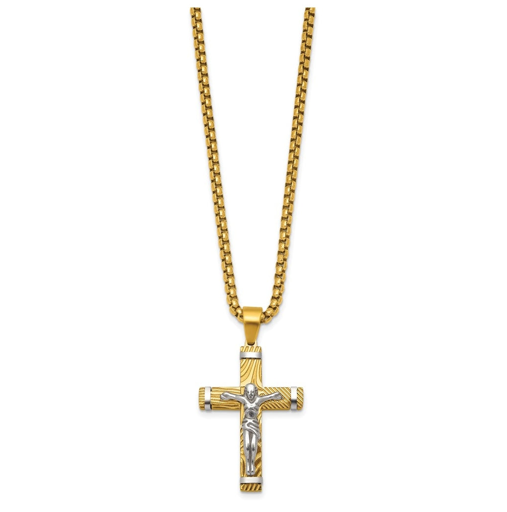 Stainless Steel Brushed & Polished Yellow IP Textured Crucifix 24in Necklace – Elegant Jewelry Gift for Birthday, Anniversary, Engagement, Wedding