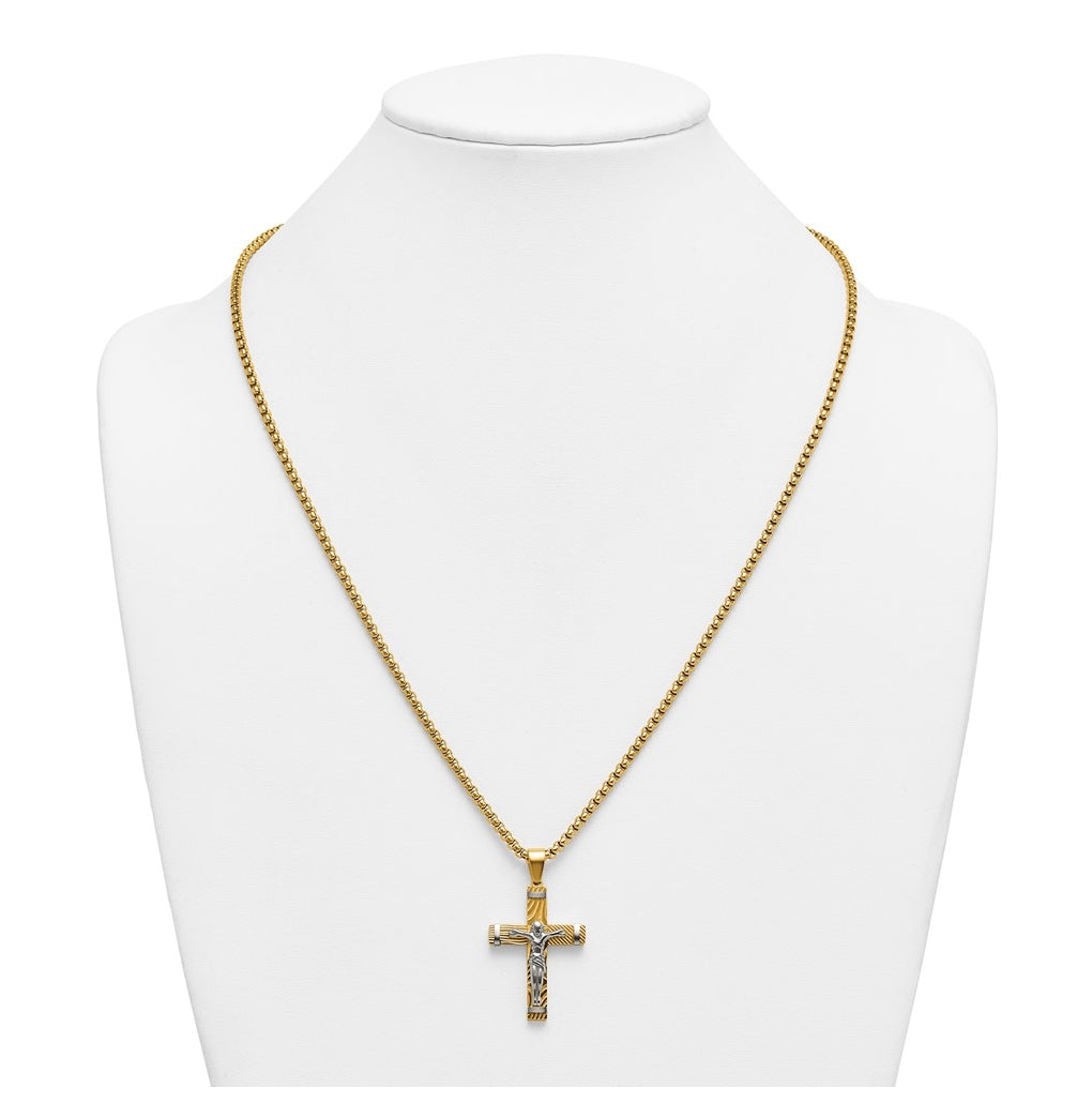 Stainless Steel Brushed & Polished Yellow IP Textured Crucifix 24in Necklace – Elegant Jewelry Gift for Birthday, Anniversary, Engagement, Wedding