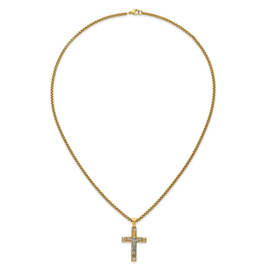Stainless Steel Brushed & Polished Yellow IP Textured Crucifix 24in Necklace – Elegant Jewelry Gift for Birthday, Anniversary, Engagement, Wedding