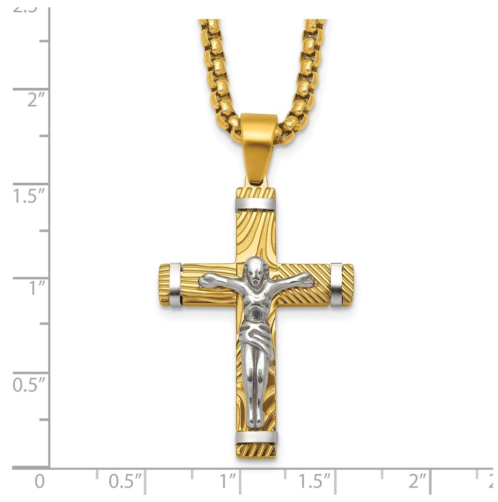Stainless Steel Brushed & Polished Yellow IP Textured Crucifix 24in Necklace – Elegant Jewelry Gift for Birthday, Anniversary, Engagement, Wedding