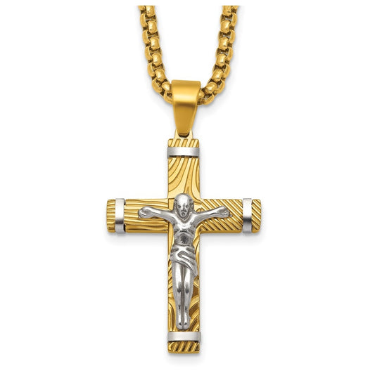 Stainless Steel Brushed & Polished Yellow IP Textured Crucifix 24in Necklace – Elegant Jewelry Gift for Birthday, Anniversary, Engagement, Wedding