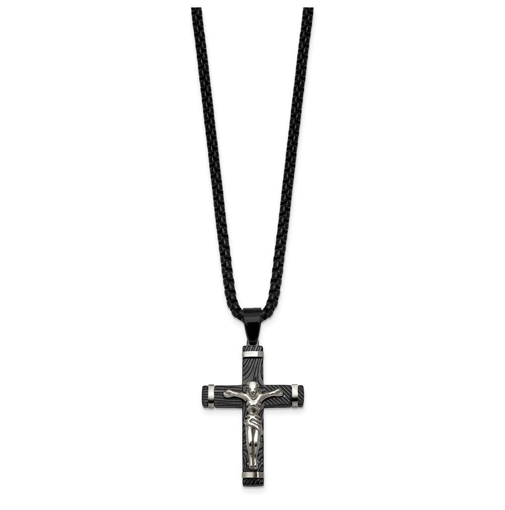 Stainless Steel Polished Black IP-plated Textured Crucifix 24in Necklace – Elegant Jewelry Gift for Birthday, Anniversary, Engagement, Wedding