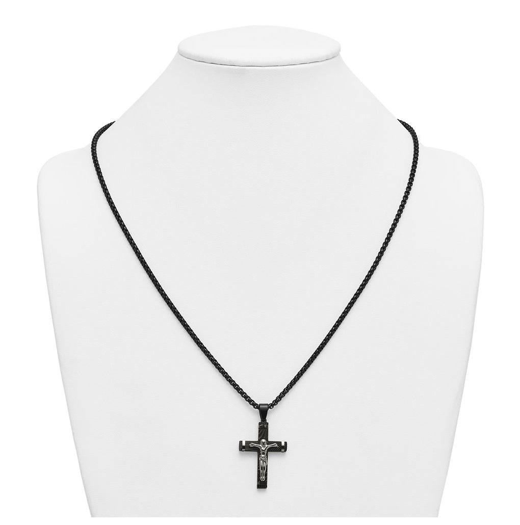 Stainless Steel Polished Black IP-plated Textured Crucifix 24in Necklace – Elegant Jewelry Gift for Birthday, Anniversary, Engagement, Wedding