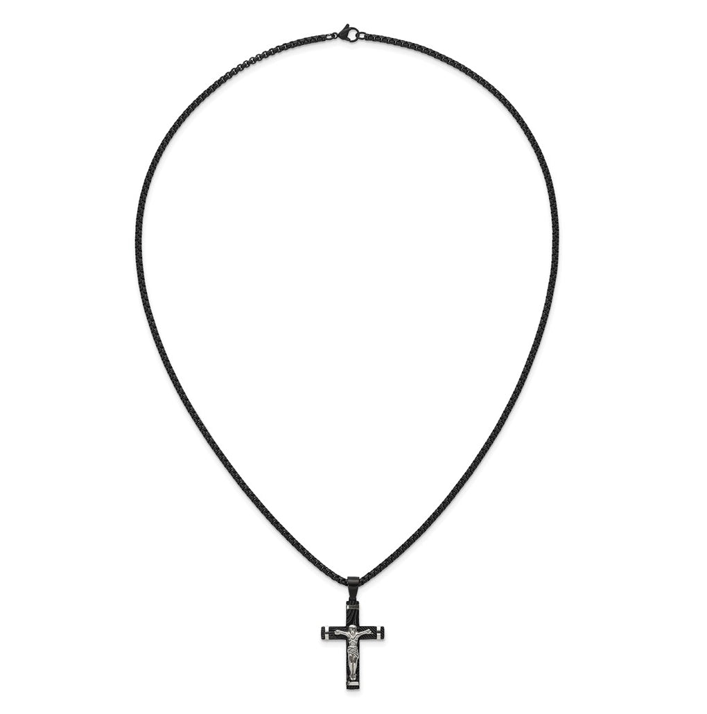 Stainless Steel Polished Black IP-plated Textured Crucifix 24in Necklace – Elegant Jewelry Gift for Birthday, Anniversary, Engagement, Wedding