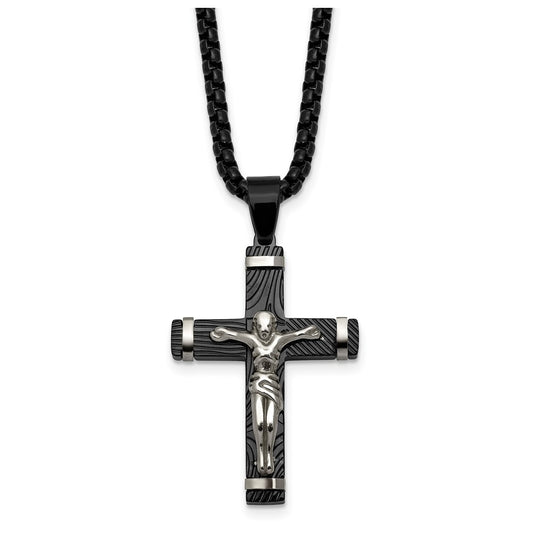 Stainless Steel Polished Black IP-plated Textured Crucifix 24in Necklace – Elegant Jewelry Gift for Birthday, Anniversary, Engagement, Wedding