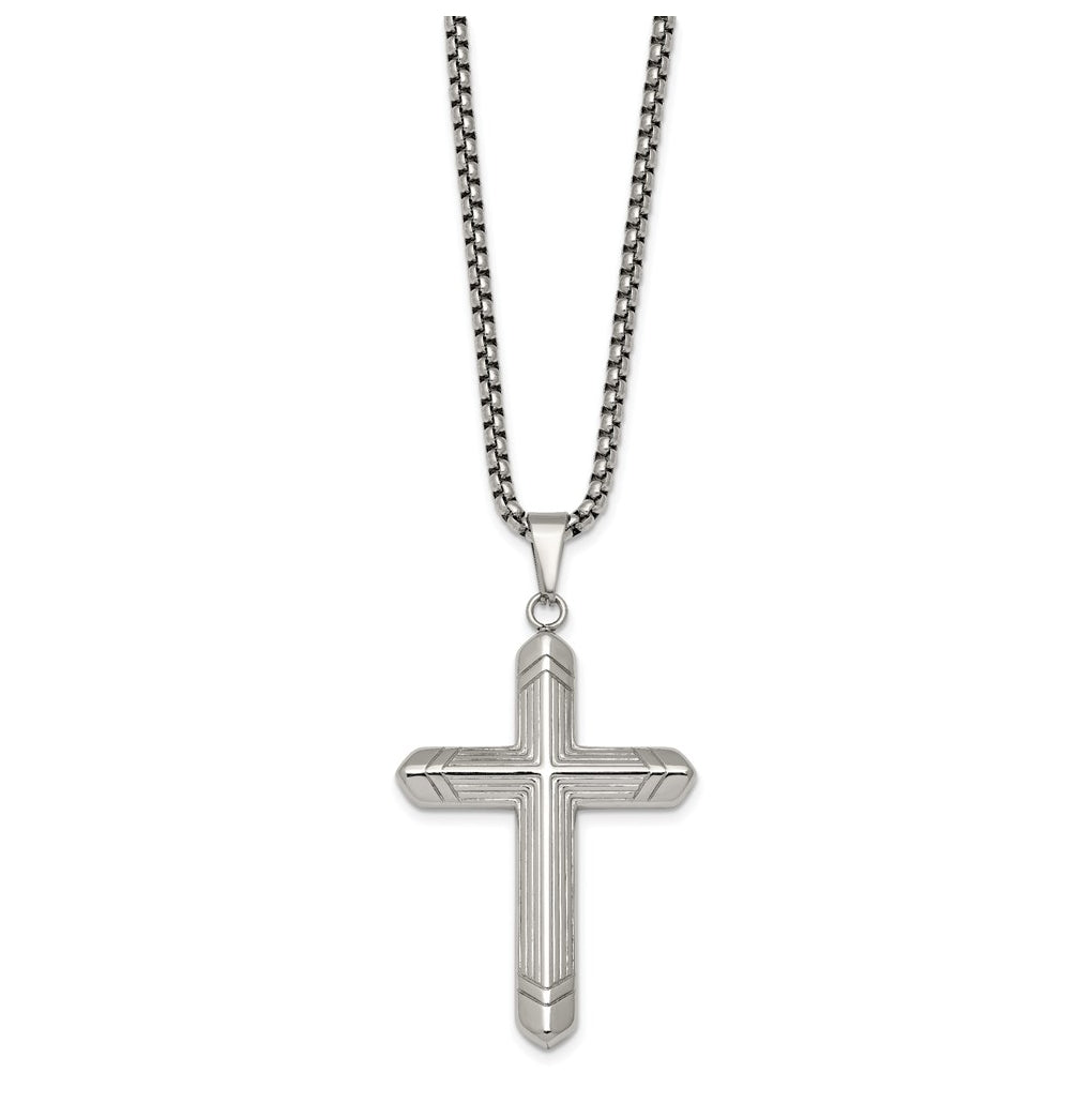 Stainless Steel  Polished and Textured Cross 24in Necklace – Elegant Jewelry Gift for Birthday, Anniversary, Engagement, Wedding