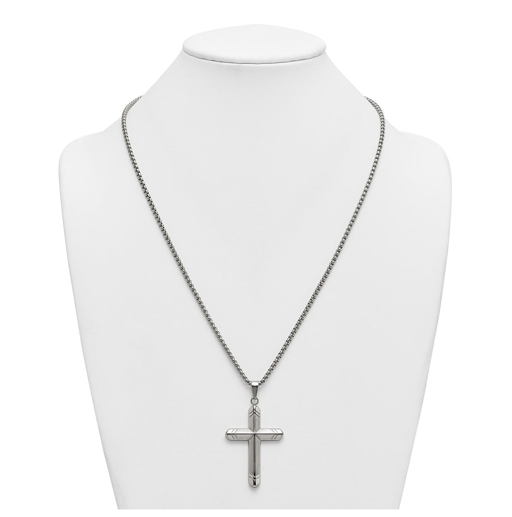 Stainless Steel  Polished and Textured Cross 24in Necklace – Elegant Jewelry Gift for Birthday, Anniversary, Engagement, Wedding