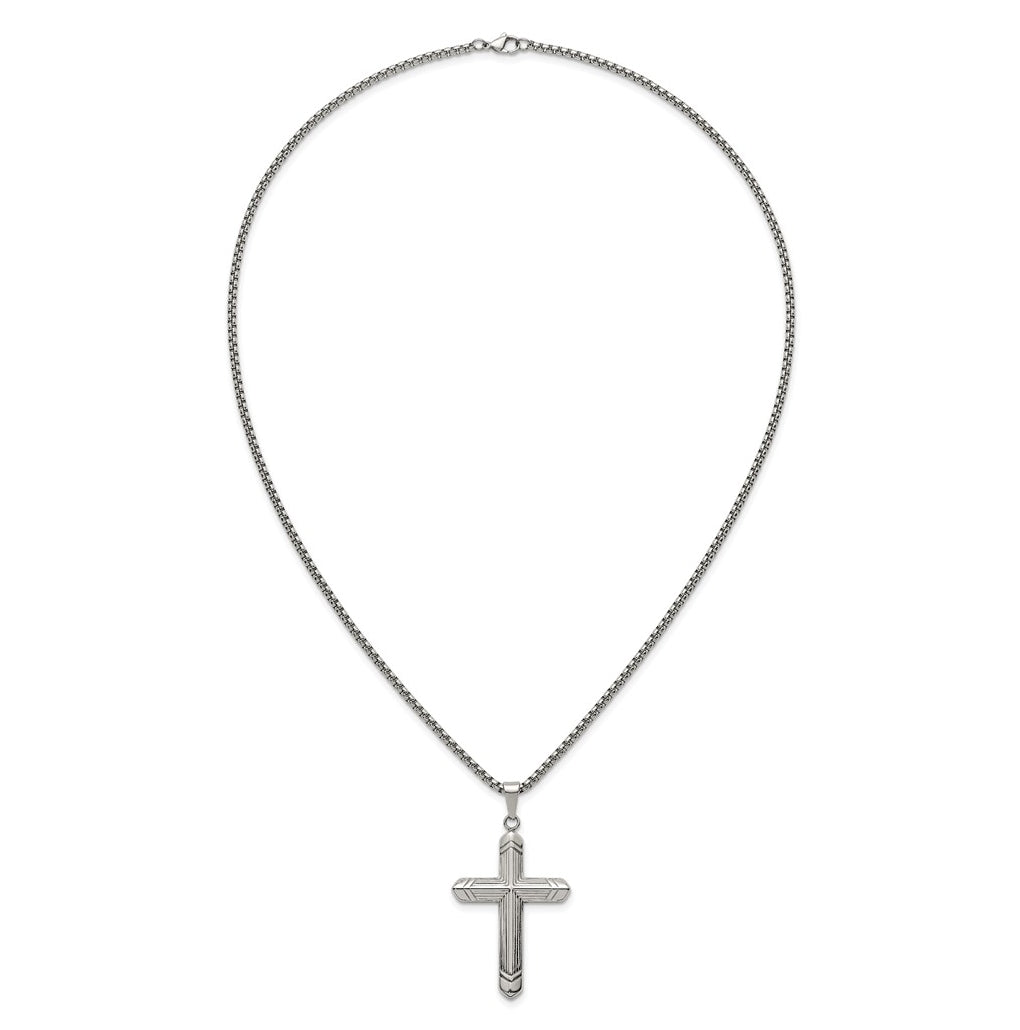 Stainless Steel  Polished and Textured Cross 24in Necklace – Elegant Jewelry Gift for Birthday, Anniversary, Engagement, Wedding