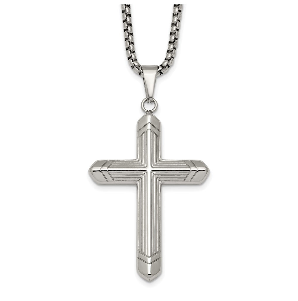 Stainless Steel  Polished and Textured Cross 24in Necklace – Elegant Jewelry Gift for Birthday, Anniversary, Engagement, Wedding