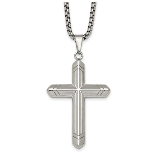 Stainless Steel  Polished and Textured Cross 24in Necklace – Elegant Jewelry Gift for Birthday, Anniversary, Engagement, Wedding