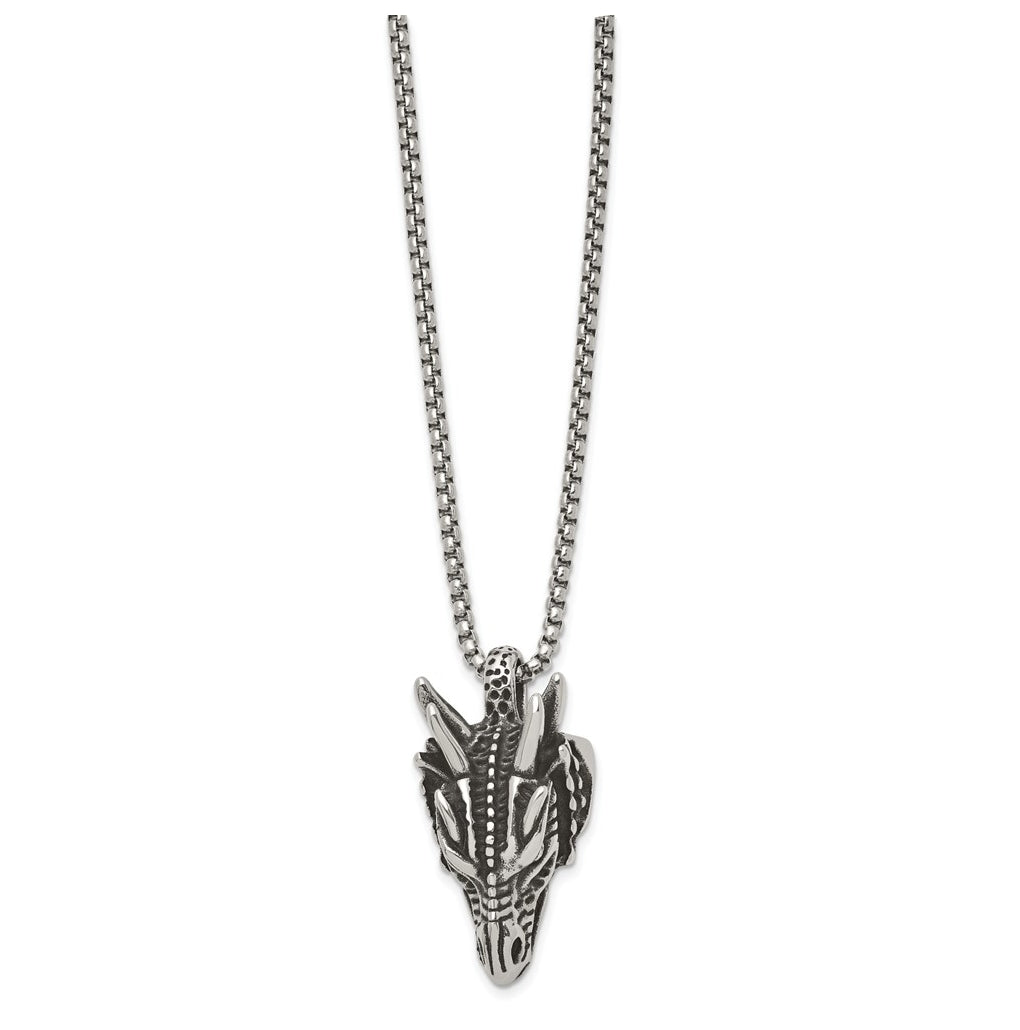 Stainless Steel Antiqued and Polished Dragon Head 24in Necklace – Elegant Jewelry Gift for Birthday, Anniversary, Engagement, Wedding