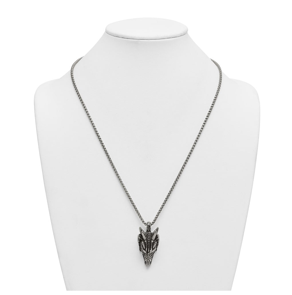 Stainless Steel Antiqued and Polished Dragon Head 24in Necklace – Elegant Jewelry Gift for Birthday, Anniversary, Engagement, Wedding