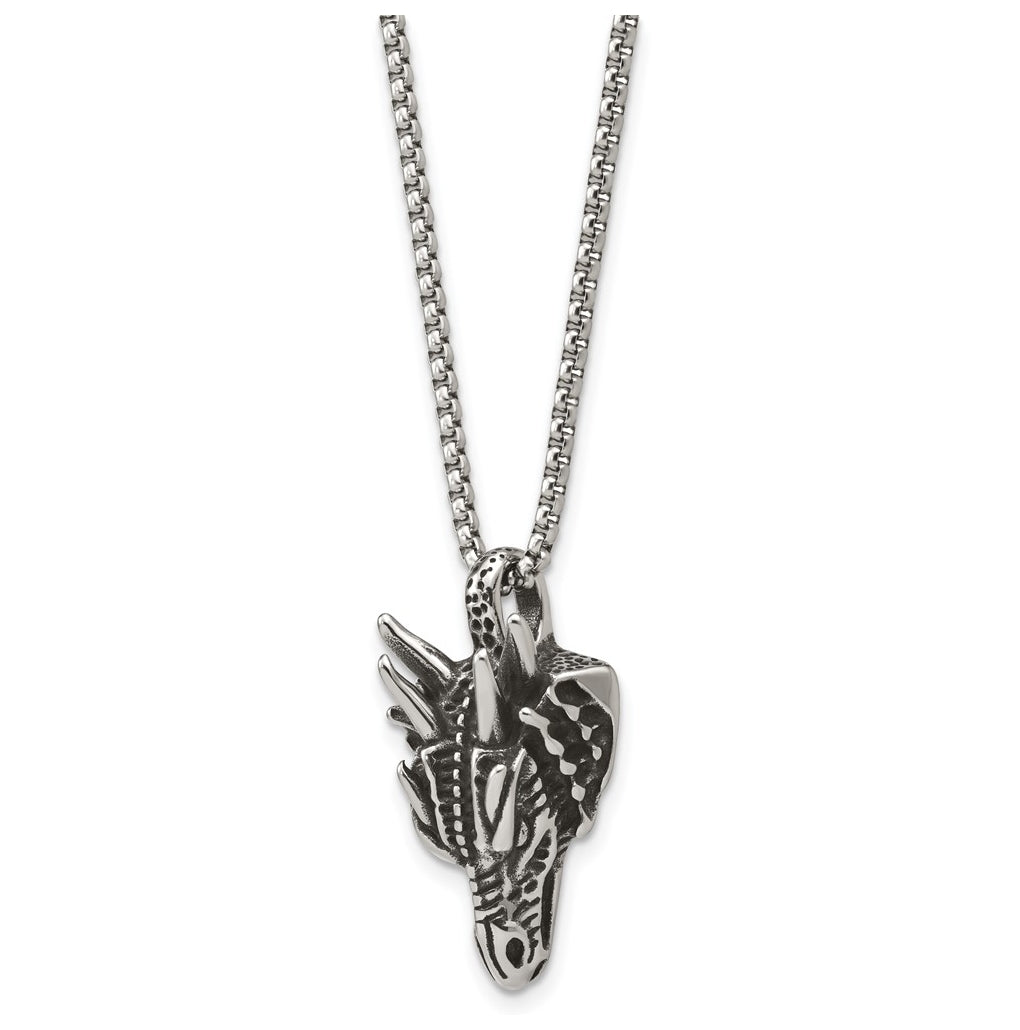 Stainless Steel Antiqued and Polished Dragon Head 24in Necklace – Elegant Jewelry Gift for Birthday, Anniversary, Engagement, Wedding