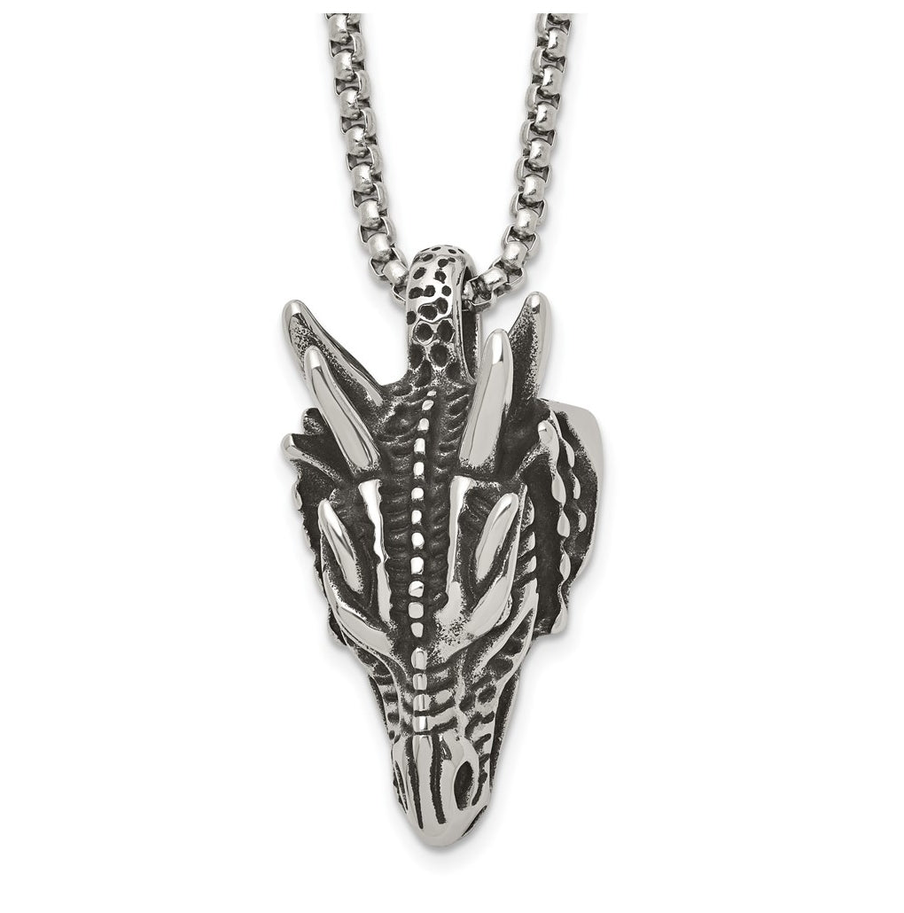 Stainless Steel Antiqued and Polished Dragon Head 24in Necklace – Elegant Jewelry Gift for Birthday, Anniversary, Engagement, Wedding