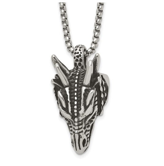 Stainless Steel Antiqued and Polished Dragon Head 24in Necklace – Elegant Jewelry Gift for Birthday, Anniversary, Engagement, Wedding