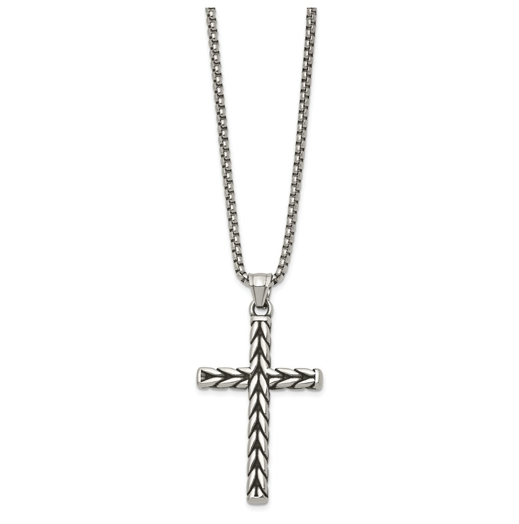 Stainless Steel Antiqued and Polished Braided Cross 24in Necklace – Elegant Jewelry Gift for Birthday, Anniversary, Engagement, Wedding