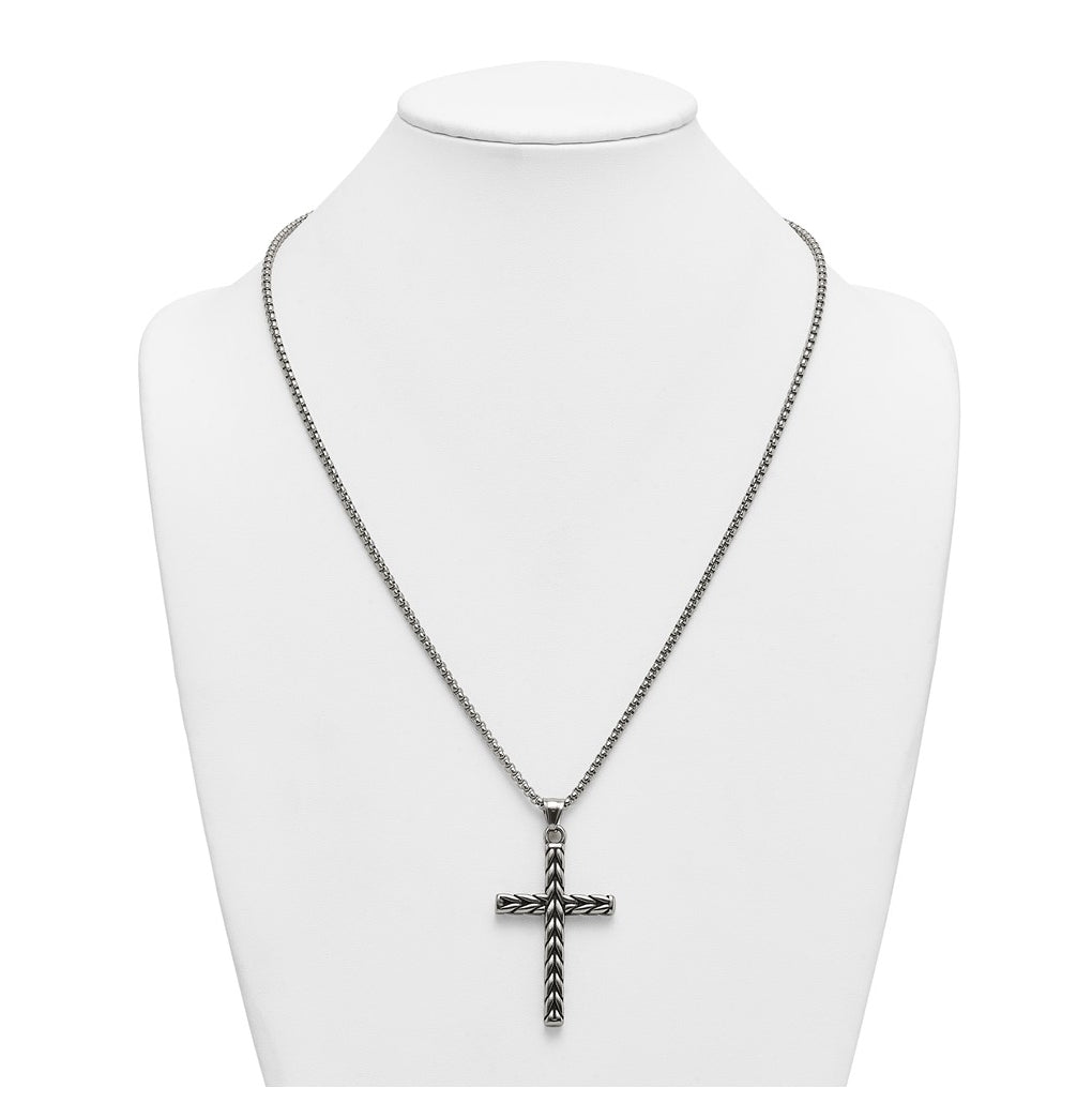 Stainless Steel Antiqued and Polished Braided Cross 24in Necklace – Elegant Jewelry Gift for Birthday, Anniversary, Engagement, Wedding