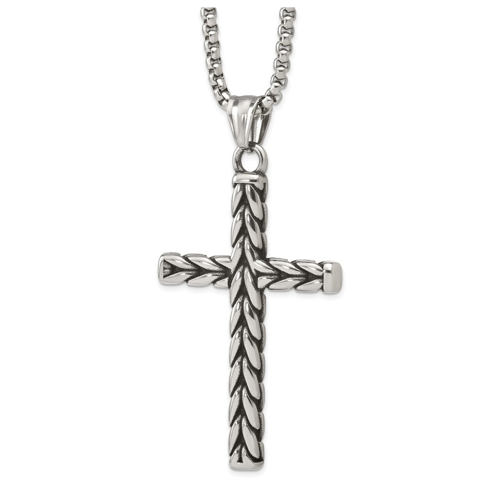Stainless Steel Antiqued and Polished Braided Cross 24in Necklace – Elegant Jewelry Gift for Birthday, Anniversary, Engagement, Wedding