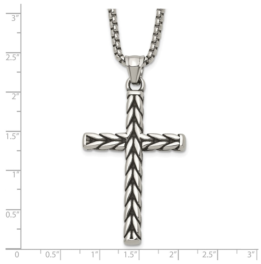 Stainless Steel Antiqued and Polished Braided Cross 24in Necklace – Elegant Jewelry Gift for Birthday, Anniversary, Engagement, Wedding