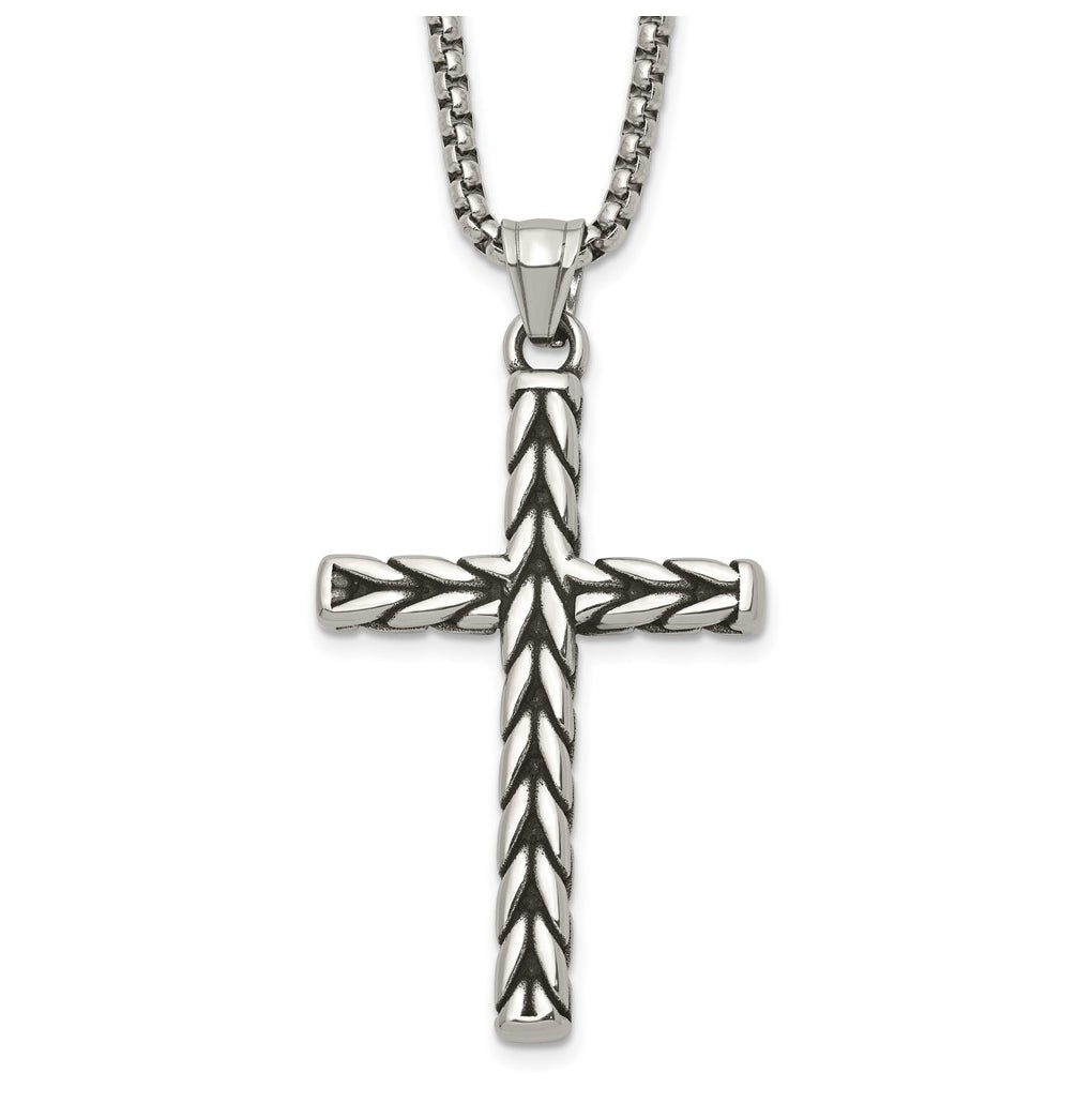 Stainless Steel Antiqued and Polished Braided Cross 24in Necklace – Elegant Jewelry Gift for Birthday, Anniversary, Engagement, Wedding