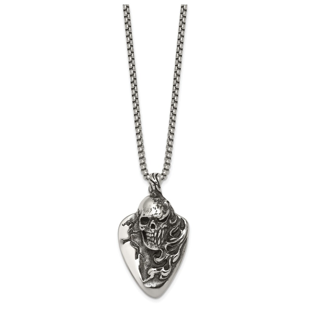 Stainless Steel Antiqued and Polished Skull on Guitar Pick 24in Necklace – Elegant Jewelry Gift for Birthday, Anniversary, Engagement, Wedding