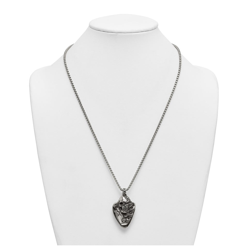 Stainless Steel Antiqued and Polished Skull on Guitar Pick 24in Necklace – Elegant Jewelry Gift for Birthday, Anniversary, Engagement, Wedding