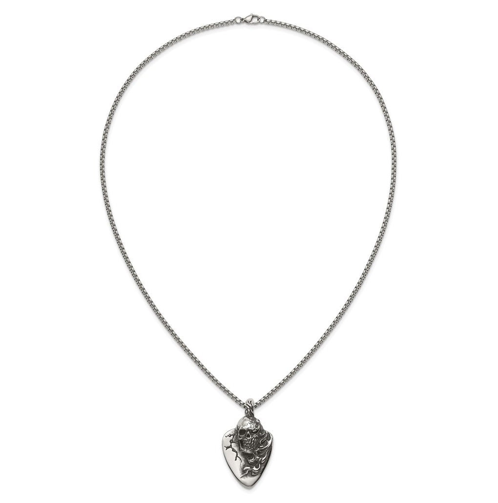 Stainless Steel Antiqued and Polished Skull on Guitar Pick 24in Necklace – Elegant Jewelry Gift for Birthday, Anniversary, Engagement, Wedding
