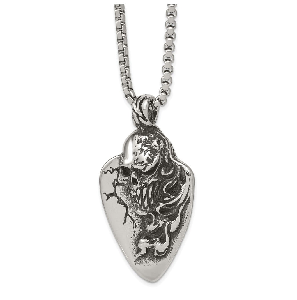 Stainless Steel Antiqued and Polished Skull on Guitar Pick 24in Necklace – Elegant Jewelry Gift for Birthday, Anniversary, Engagement, Wedding