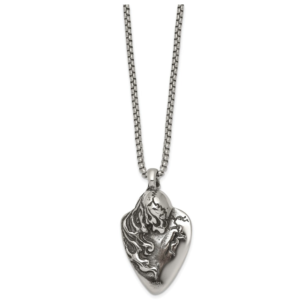 Stainless Steel Antiqued and Polished Skull on Guitar Pick 24in Necklace – Elegant Jewelry Gift for Birthday, Anniversary, Engagement, Wedding