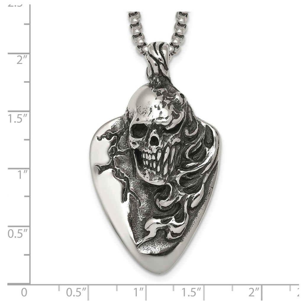 Stainless Steel Antiqued and Polished Skull on Guitar Pick 24in Necklace – Elegant Jewelry Gift for Birthday, Anniversary, Engagement, Wedding