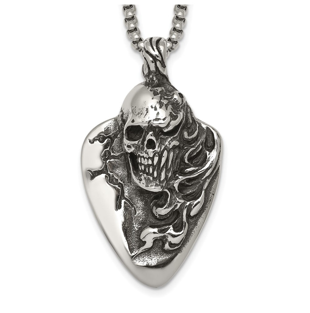 Stainless Steel Antiqued and Polished Skull on Guitar Pick 24in Necklace – Elegant Jewelry Gift for Birthday, Anniversary, Engagement, Wedding