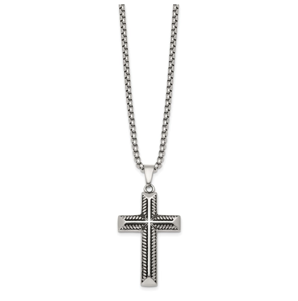 Stainless Steel Antiqued and Polished Cross 24in Necklace – Elegant Jewelry Gift for Birthday, Anniversary, Engagement, Wedding