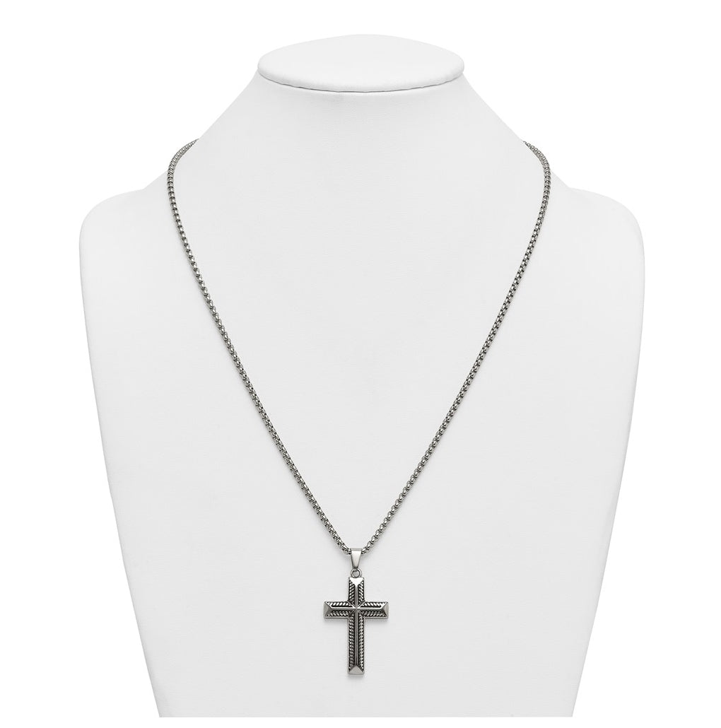 Stainless Steel Antiqued and Polished Cross 24in Necklace – Elegant Jewelry Gift for Birthday, Anniversary, Engagement, Wedding