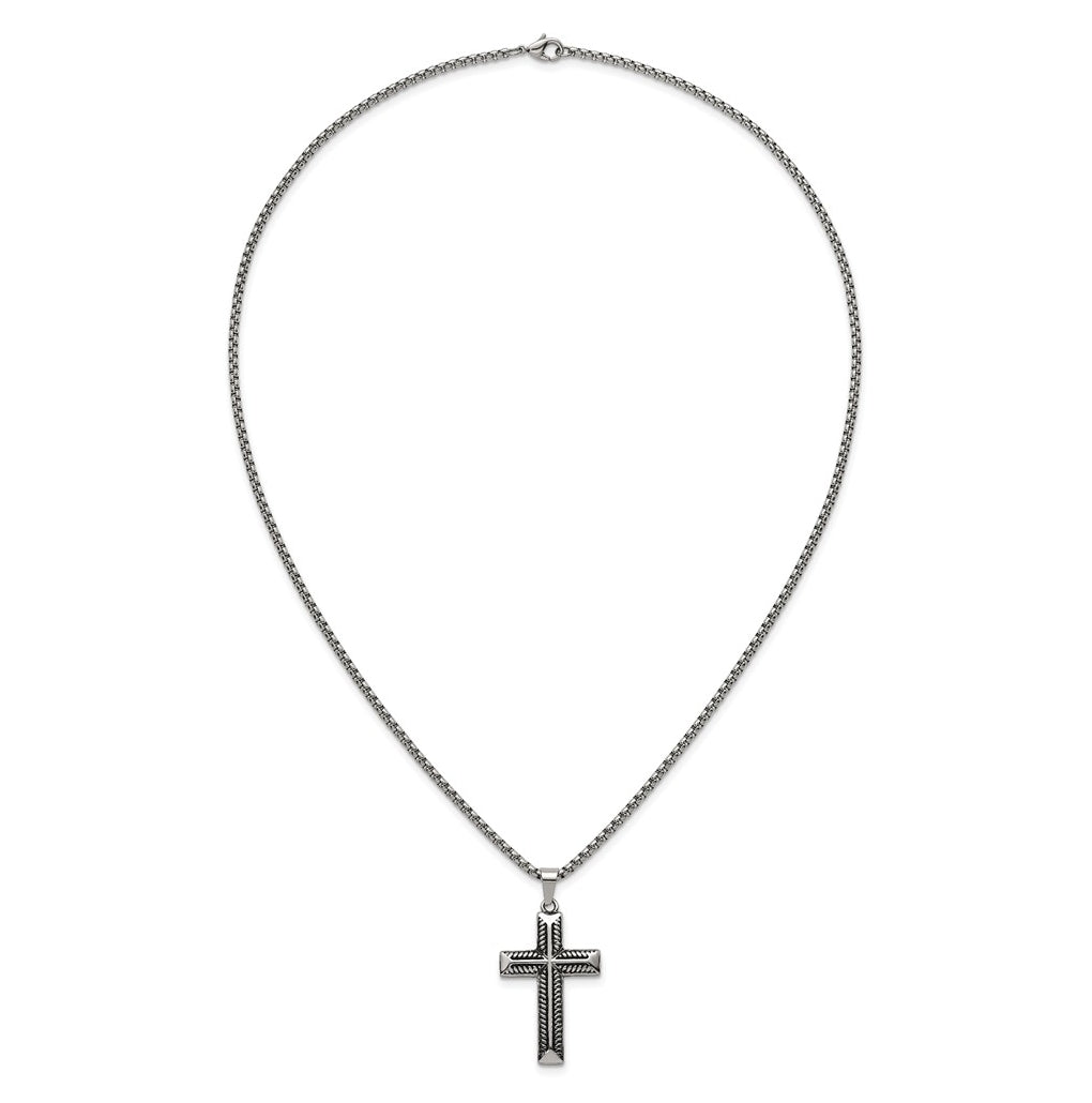 Stainless Steel Antiqued and Polished Cross 24in Necklace – Elegant Jewelry Gift for Birthday, Anniversary, Engagement, Wedding