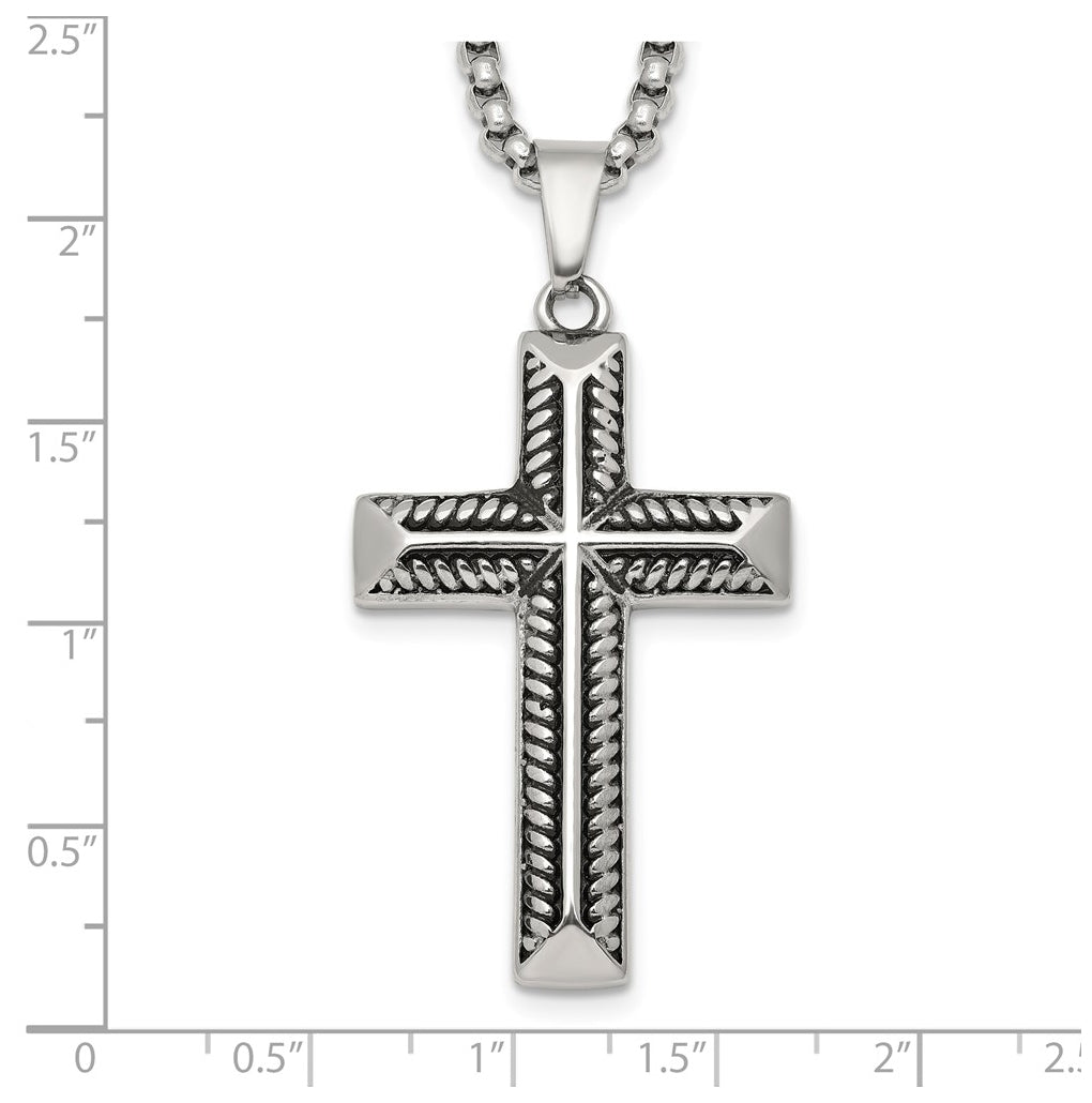 Stainless Steel Antiqued and Polished Cross 24in Necklace – Elegant Jewelry Gift for Birthday, Anniversary, Engagement, Wedding