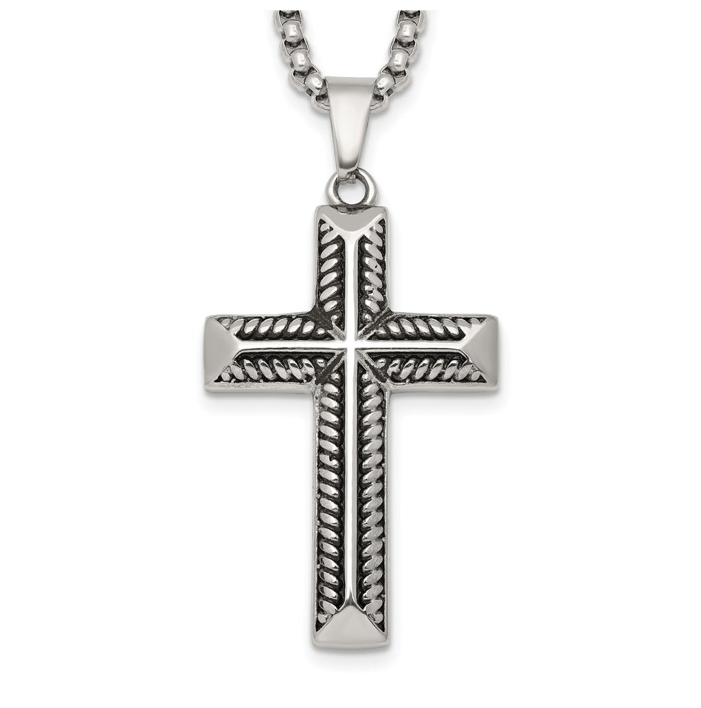 Stainless Steel Antiqued and Polished Cross 24in Necklace – Elegant Jewelry Gift for Birthday, Anniversary, Engagement, Wedding